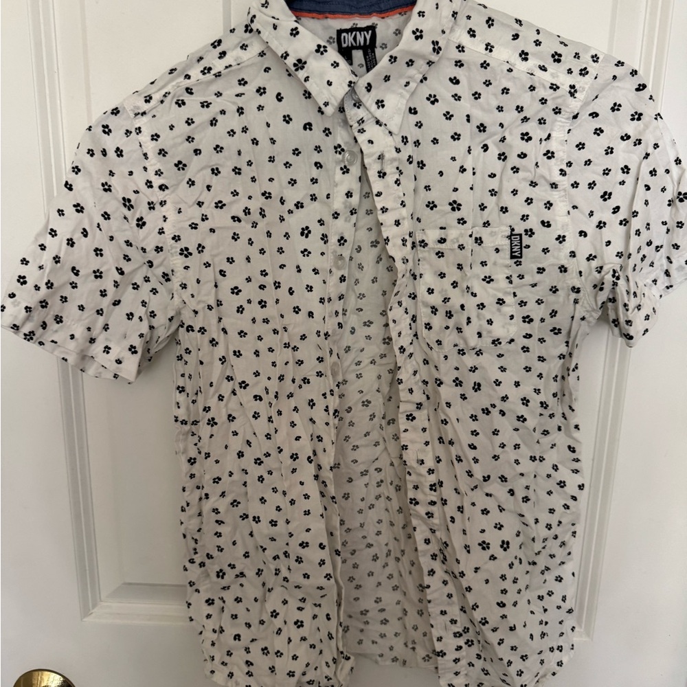DKNY Men's White and Black Patterned Shirt